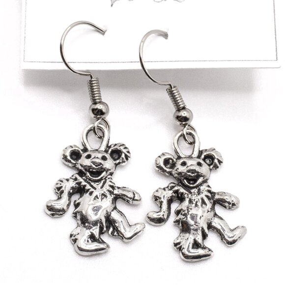 Handmade Silvertone Grateful Dead Dancing Bear Dangle Earrings, New - Picture 1 of 2